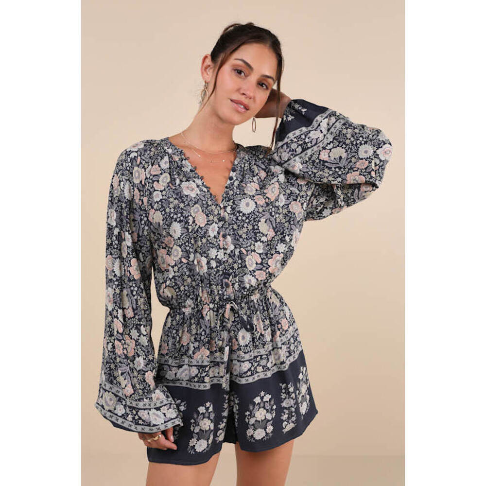 ***NWT***Lulus Traveled Aura Charcoal Grey Boho Button-front Long Sleeve Romper